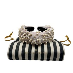 Lele Sadoughi Baby Pink Velvet Headband with Pearls